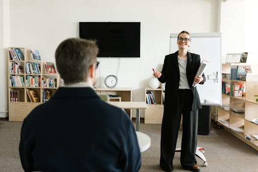 pexels-photo-6981024-6981024 Businesswoman giving presentation in office with bookshelves and clock.